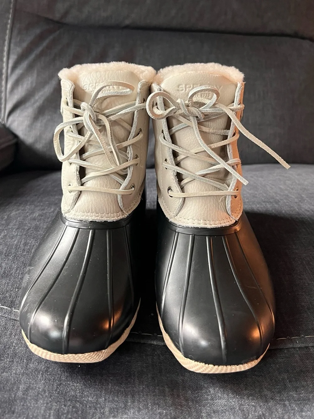 Sperry Two-Tone Lace-Up Waterproof Fur Lined Duck Boots - White & Black, Size 7